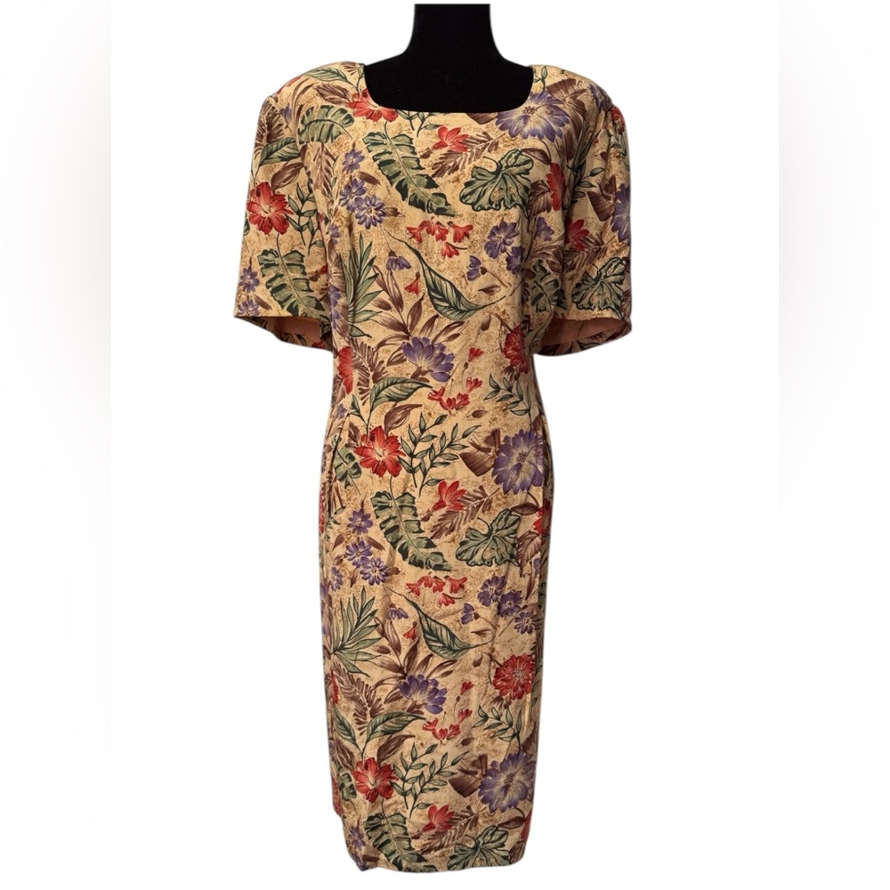 Maggy London Tan and Red Sheath Dress with Bateau Neckline100% Silk